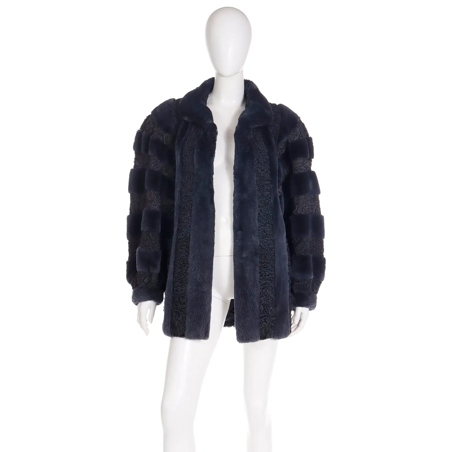 1980s Christian Dior Fourrure Dyed Blue Sheared Fur & Persian Lambswool Jacket