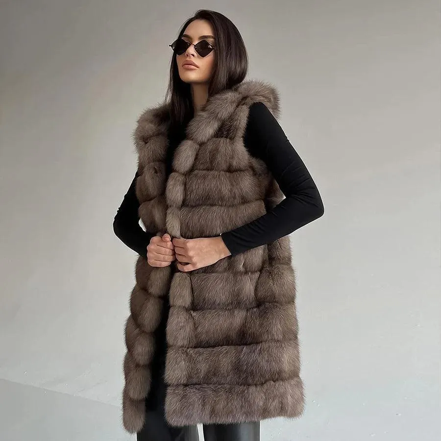 2024 Women's Luxury Fox Fur Vest Ã¢â‚¬â€œ Mid-Long Waistc...