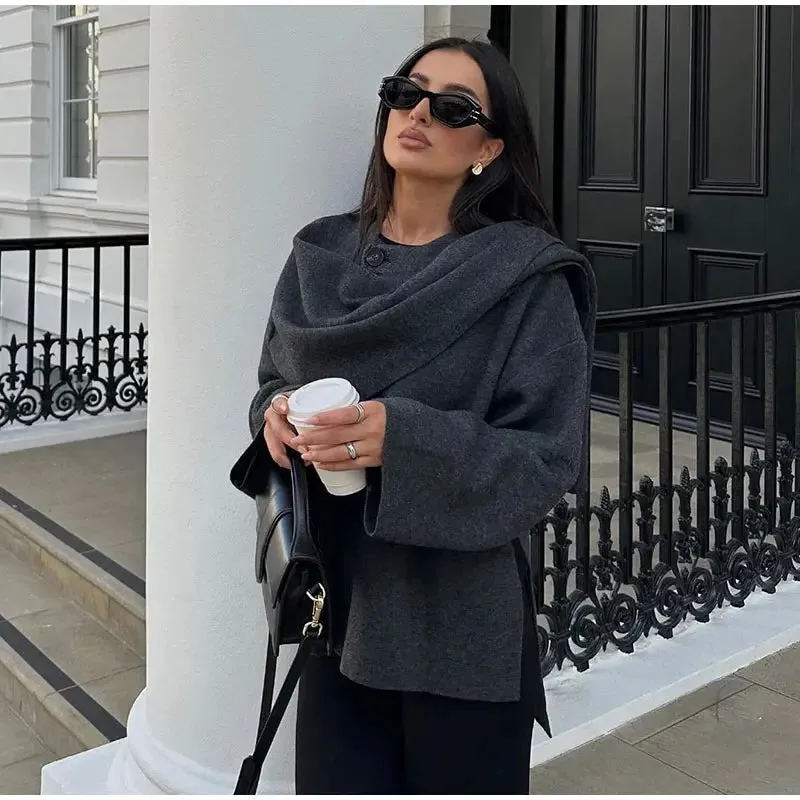 Autumn Short Gray Knitted Cape Coat with Scarf Women Fashion Long Sleeve Loose Cardigan Female Winter Elegant Chic Streetwear