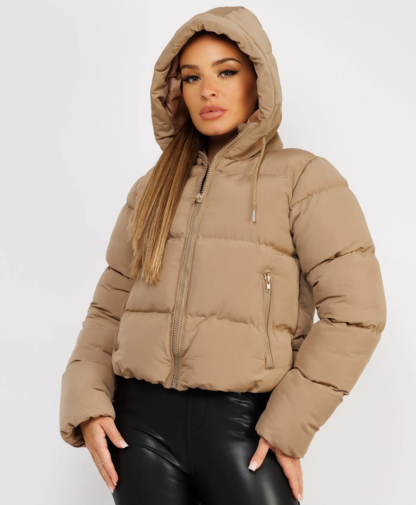 Beige Alpine Quilted Padded Hooded Drawstring Puffer Jacket