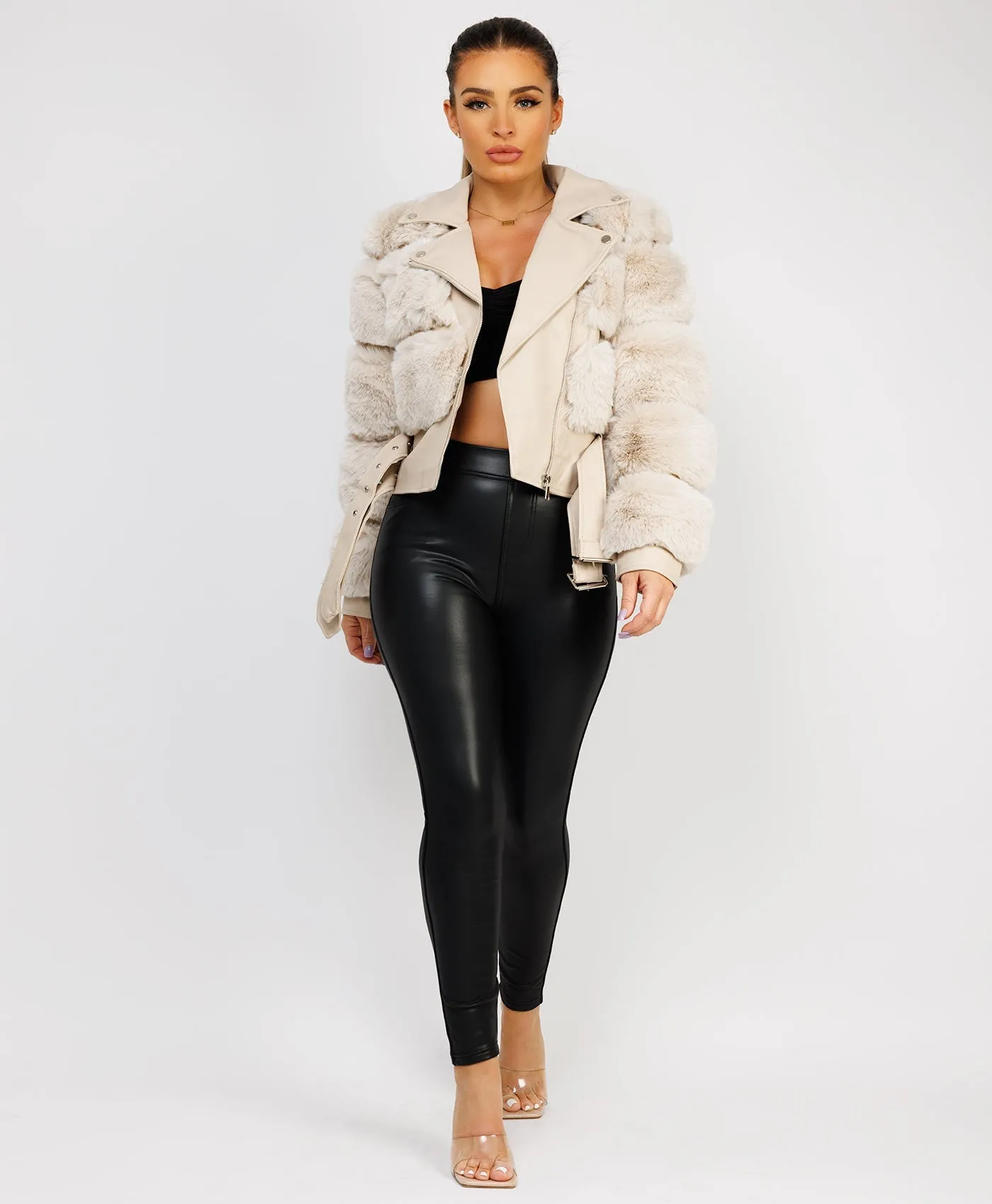 Beige Faux Fur Vegan Leather Belted Biker Jacket