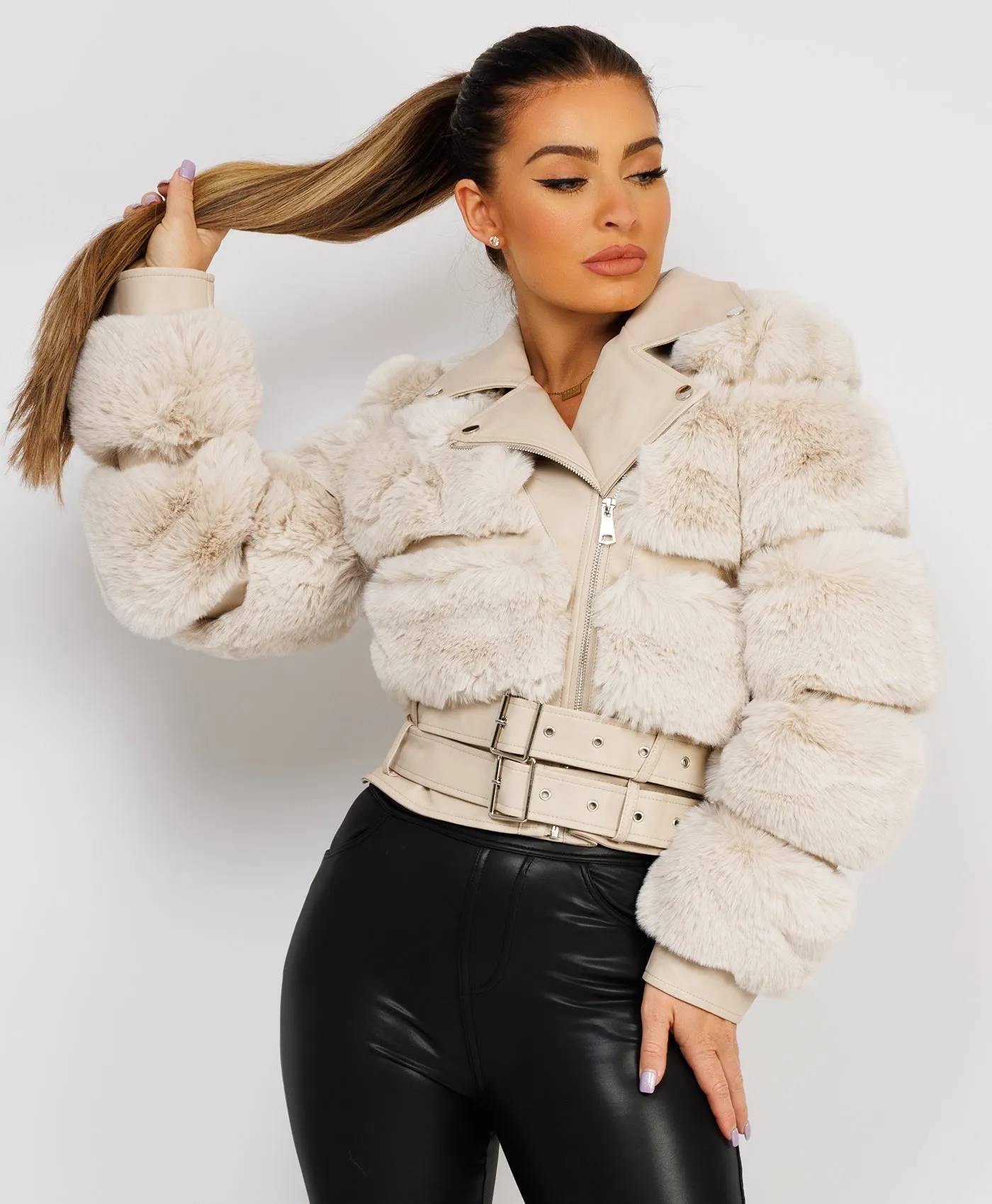 Beige Faux Fur Vegan Leather Belted Biker Jacket