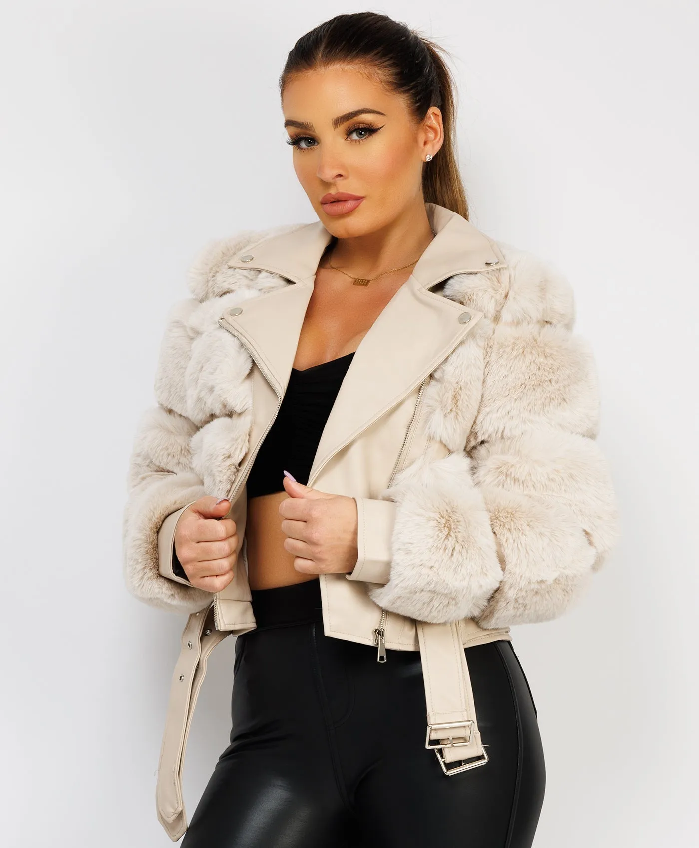 Beige Faux Fur Vegan Leather Belted Biker Jacket