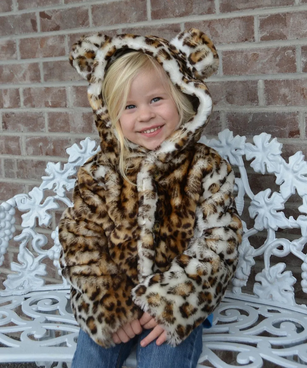 Big Girls Brown Leopard Critter Ears Button Faux Hooded Jacket 6-12