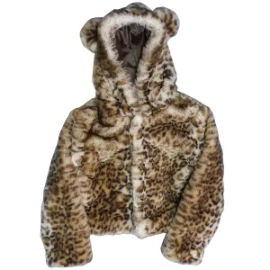 Big Girls Snow Leopard Critter Ears Button Closure Faux Hood Jacket 6-12