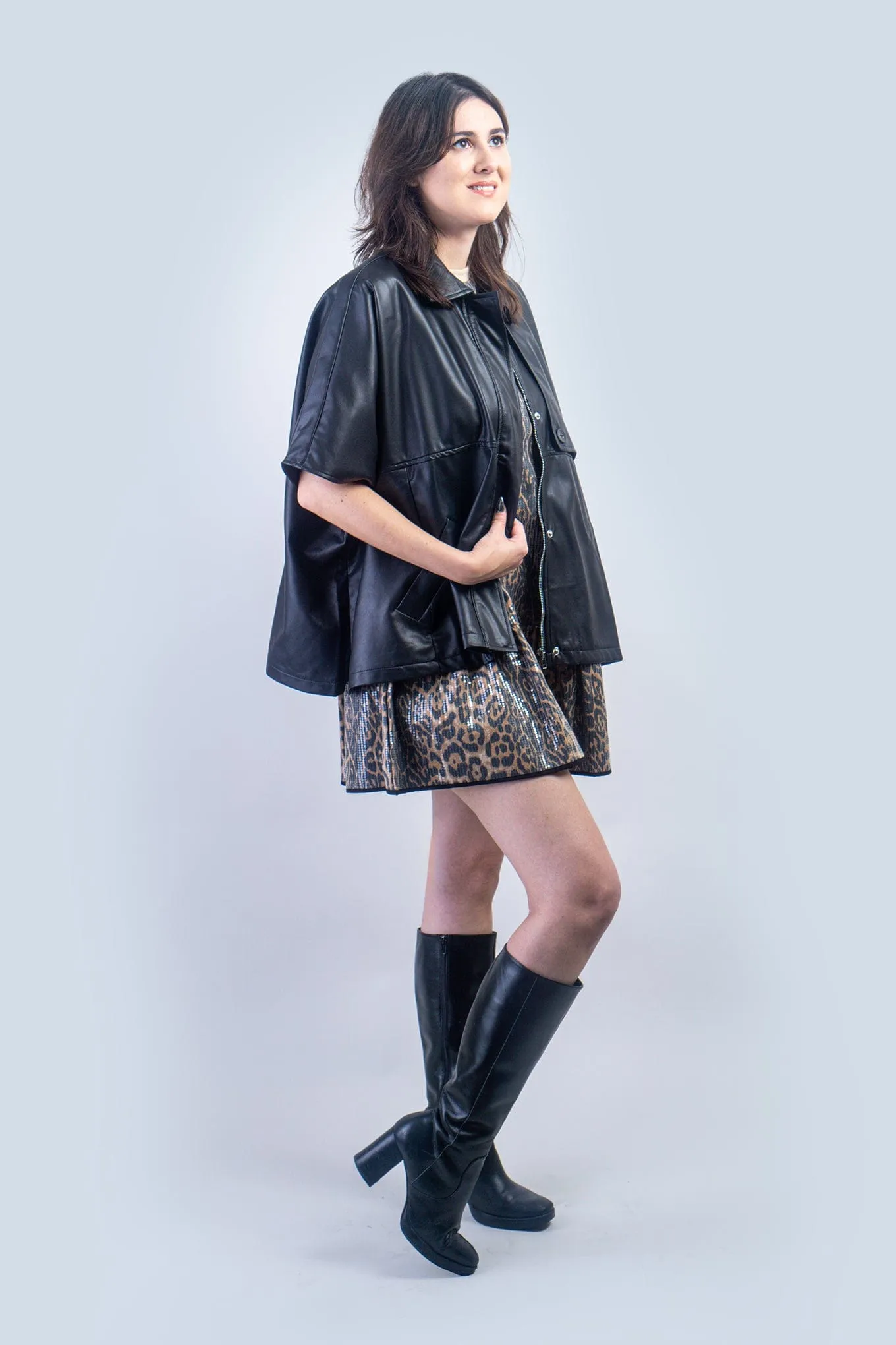 Black Faux Leather Oversized Cape Jacket