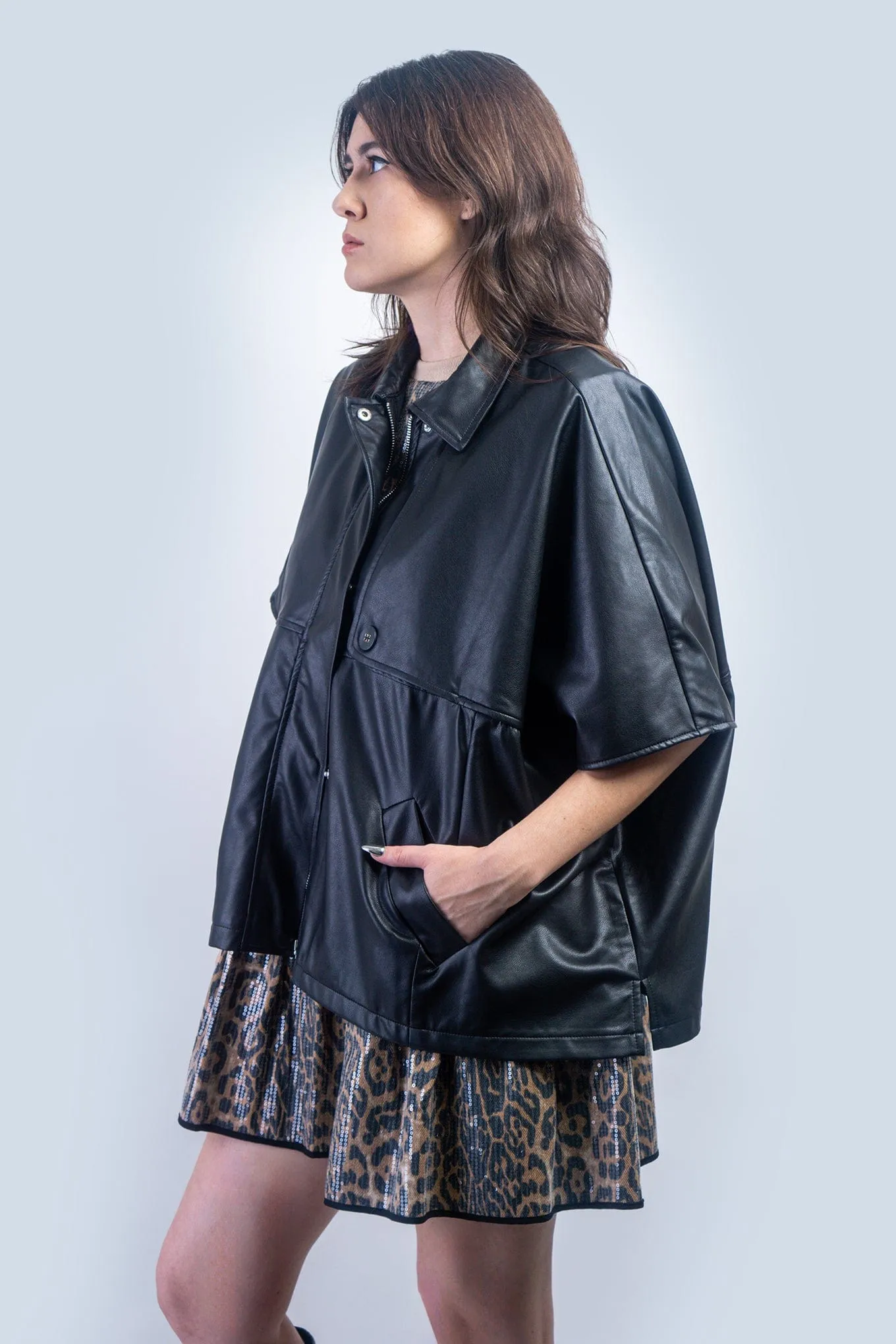 Black Faux Leather Oversized Cape Jacket