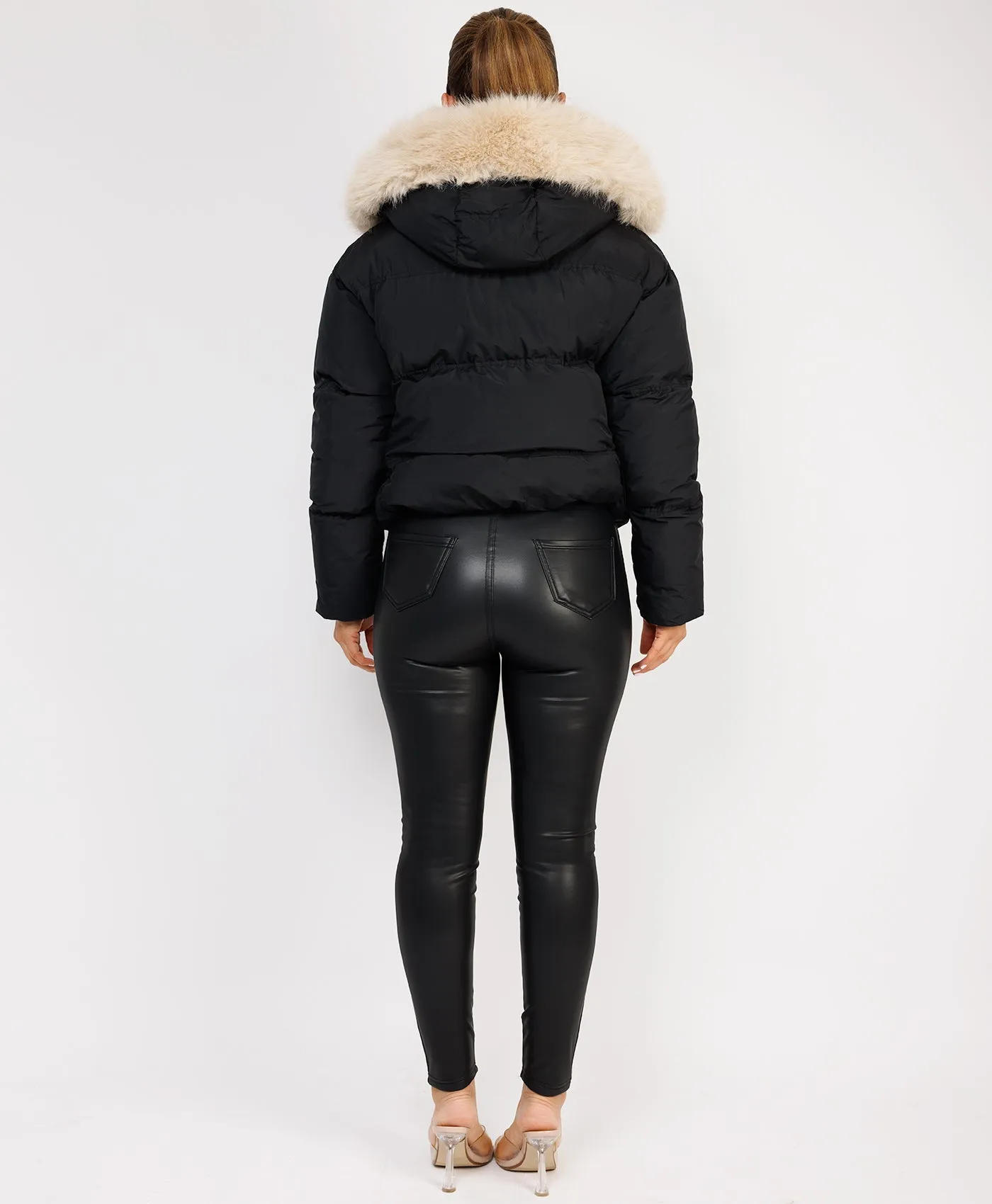 Black Padded Puffer Chunky Faux Fur Hood Drawstring Jacket