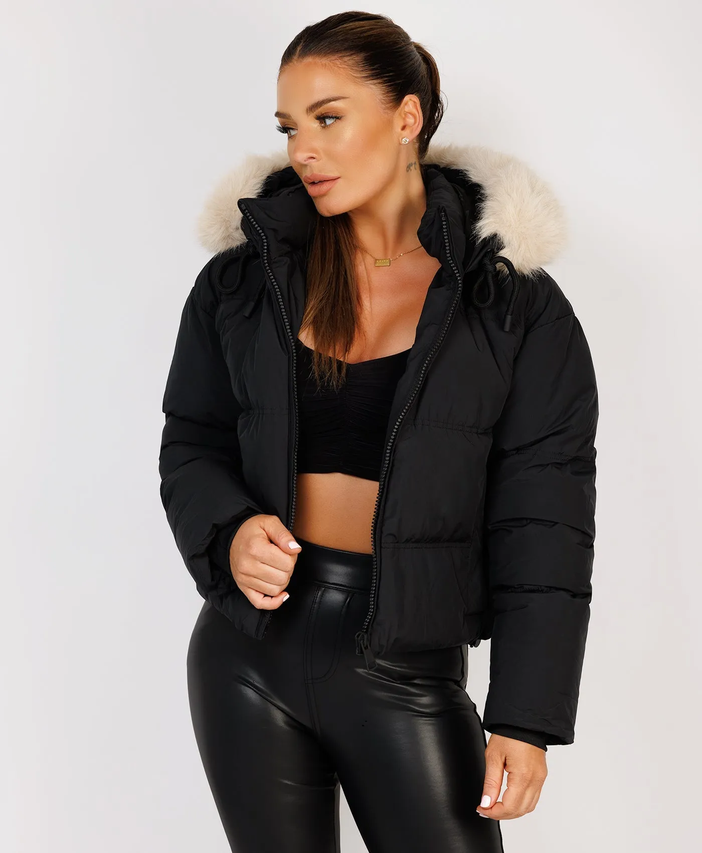 Black Padded Puffer Chunky Faux Fur Hood Drawstring Jacket