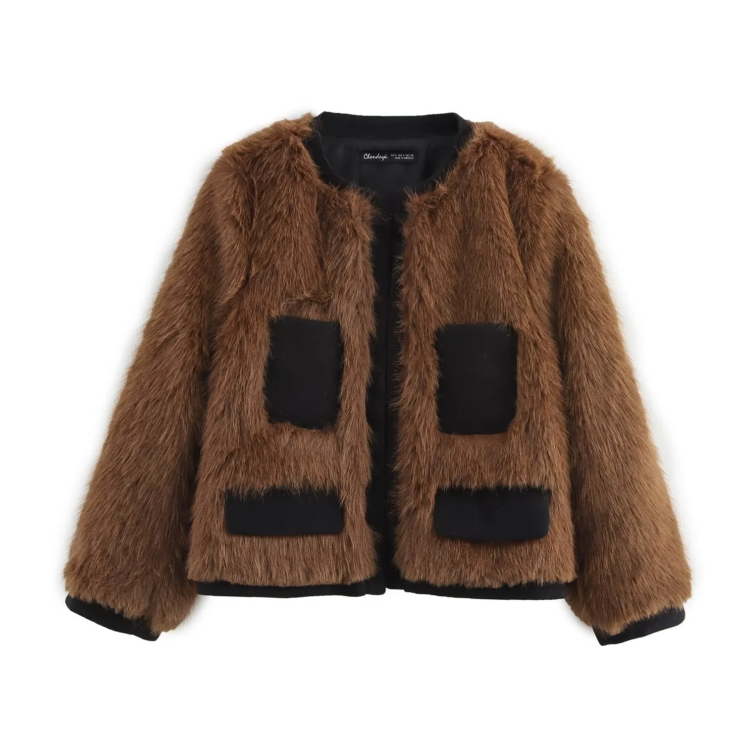 Black Trim Brown Faux Fur Coat