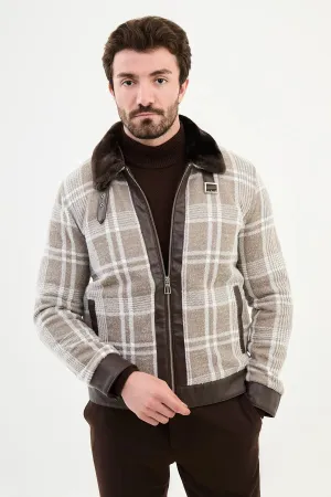 Brabion Eden Beige Fur Plaid Slim Fit Coat