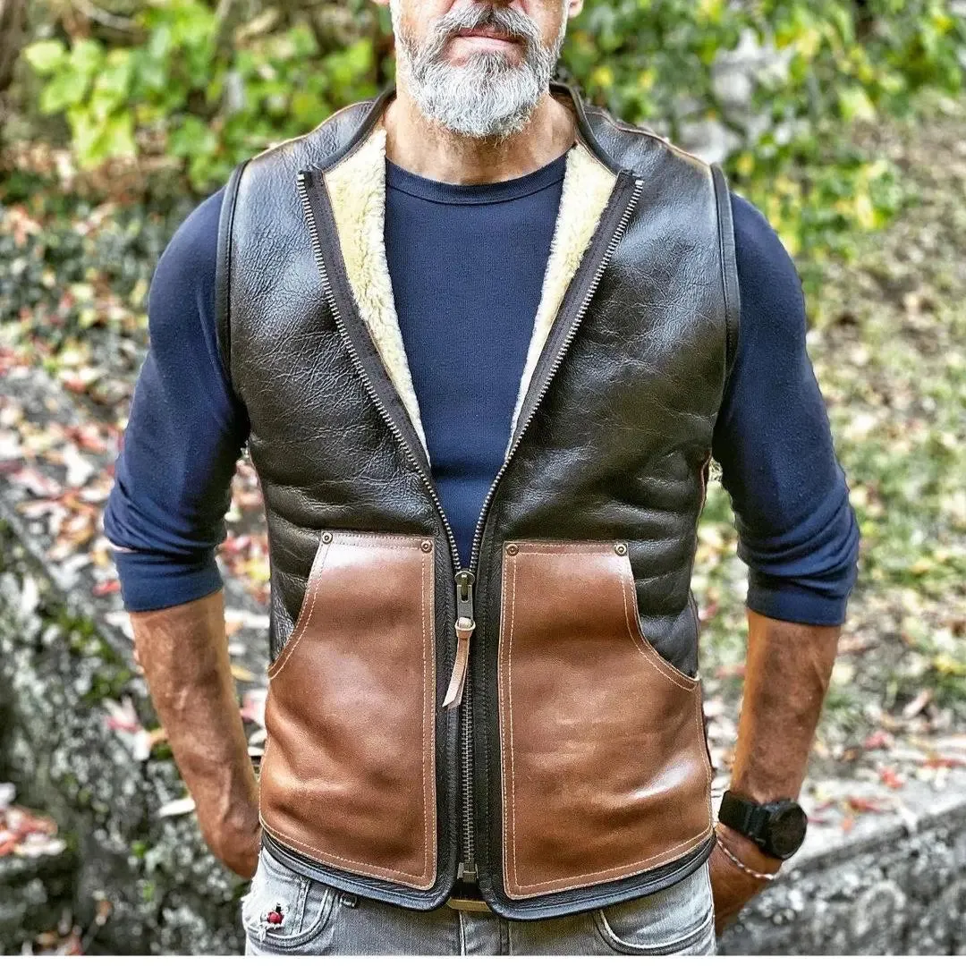 Brown Pockets Shearling Leather Vest