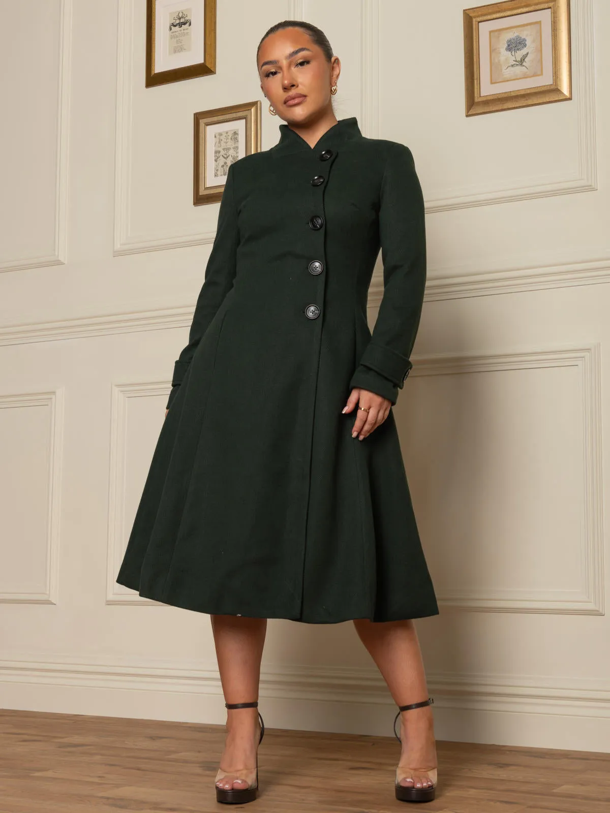 Button Front Flared Coat, Forest Green