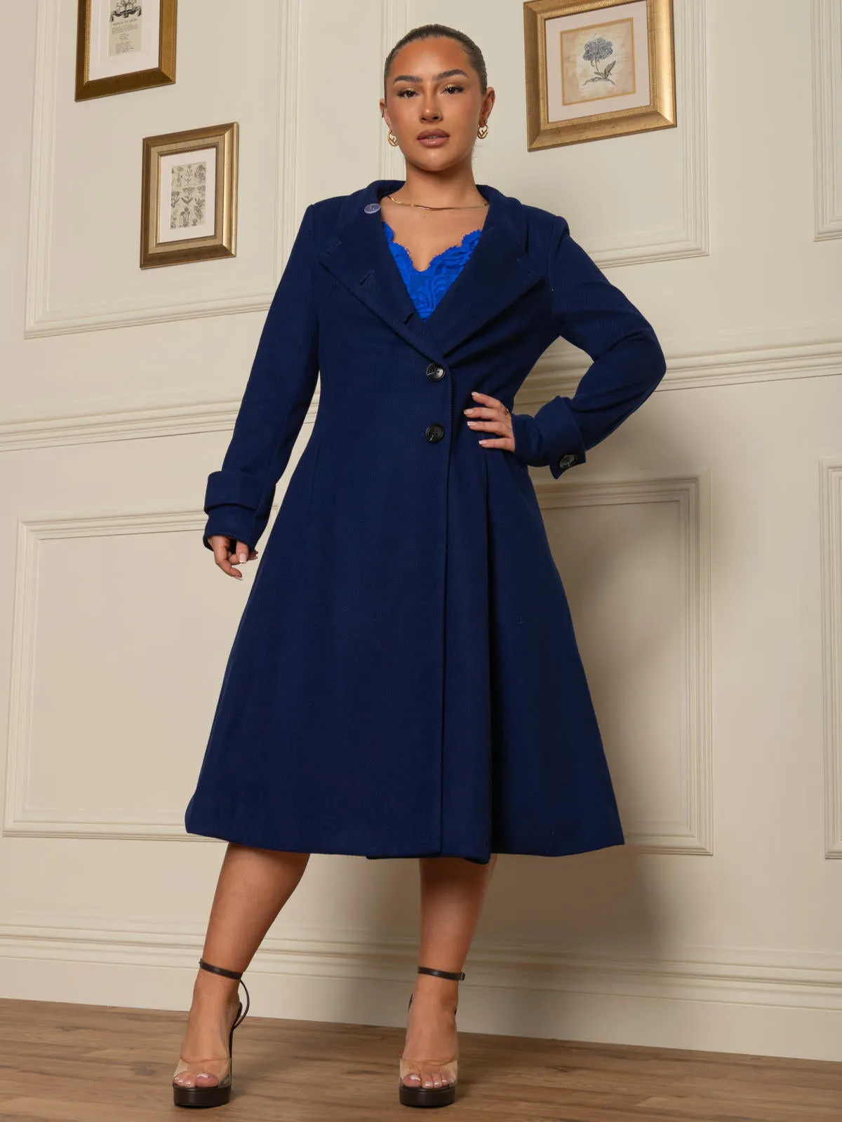 Button Front Flared Coat, Royal Blue