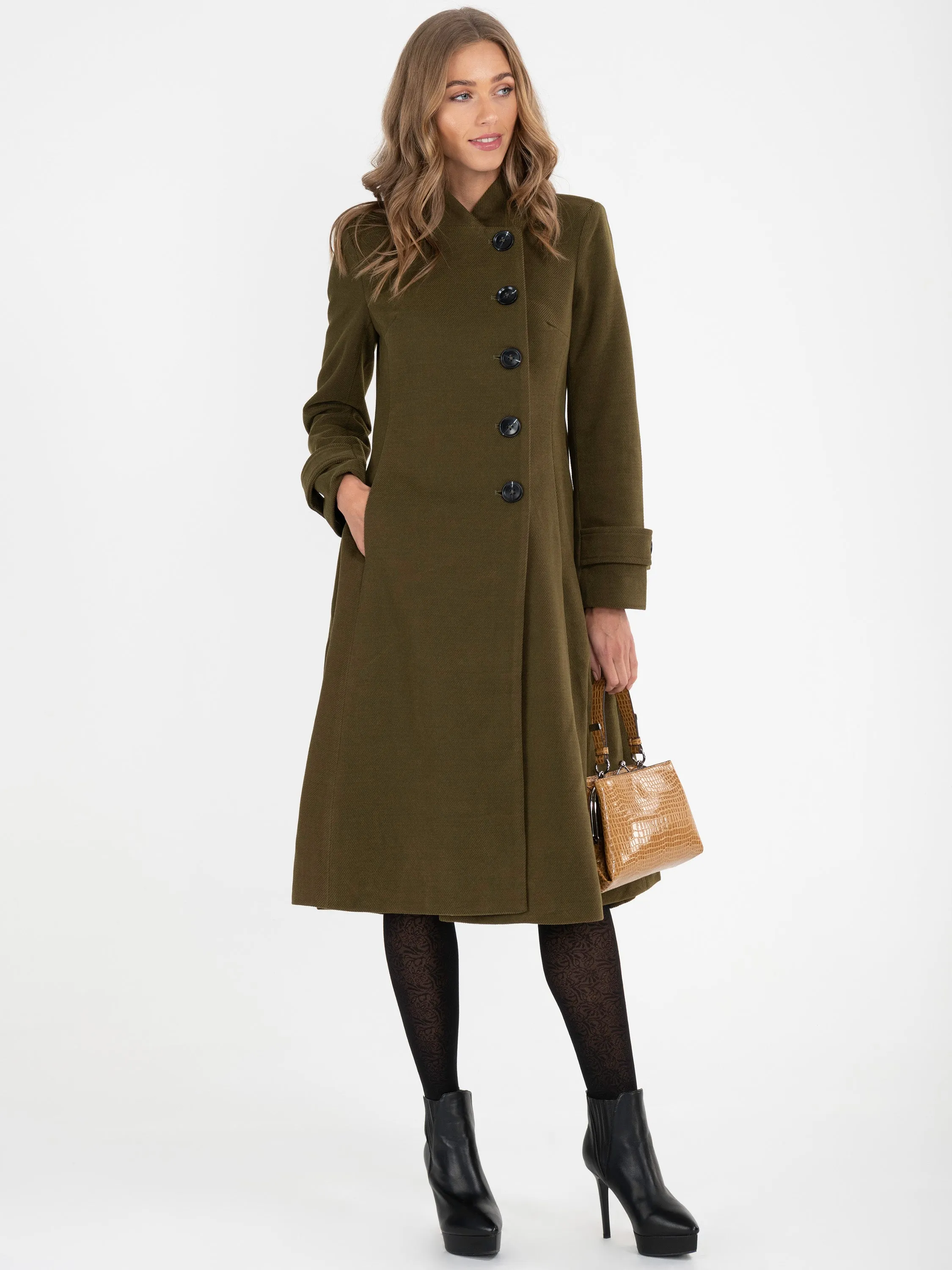 Button Front Flared Coat, Soldier Green