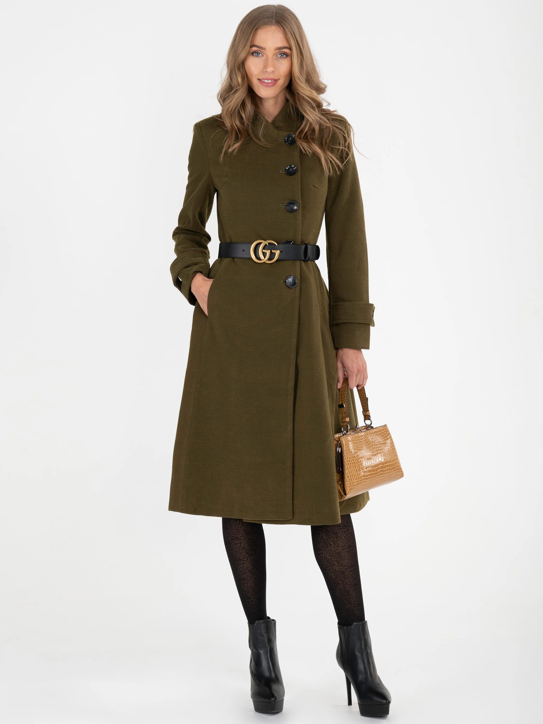 Button Front Flared Coat, Soldier Green