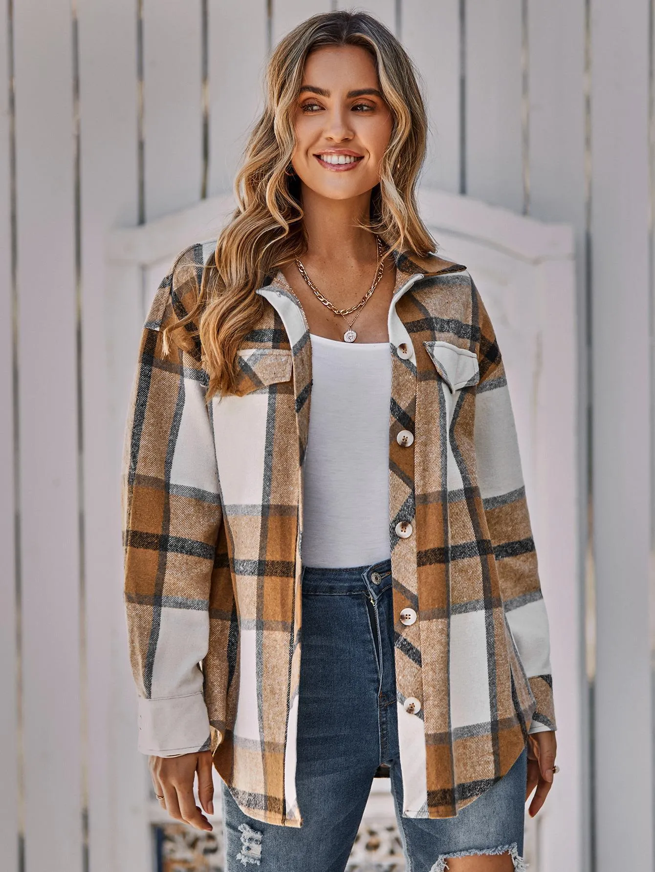 Button Leisure Plaid Ladies Coat