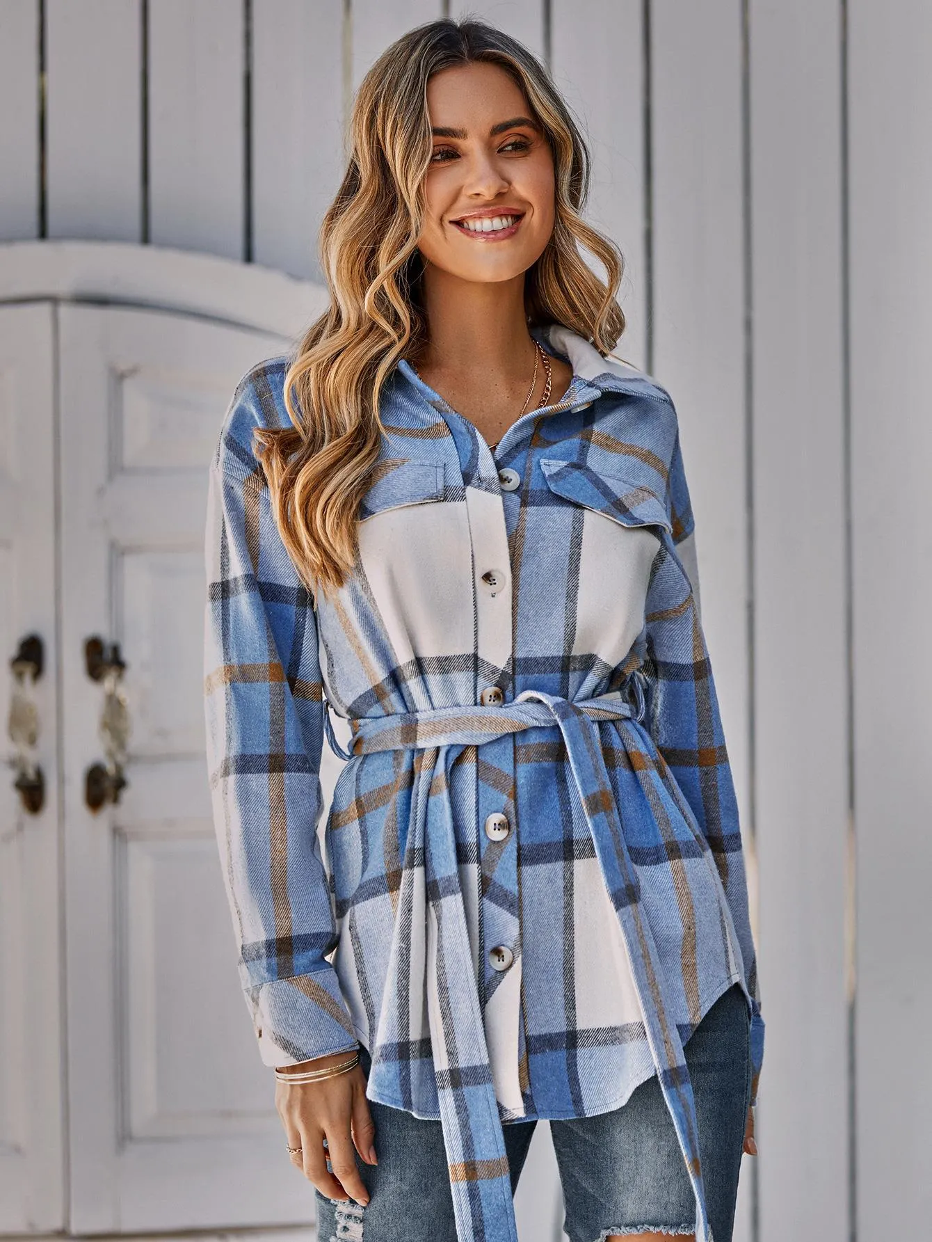 Button Leisure Plaid Ladies Coat