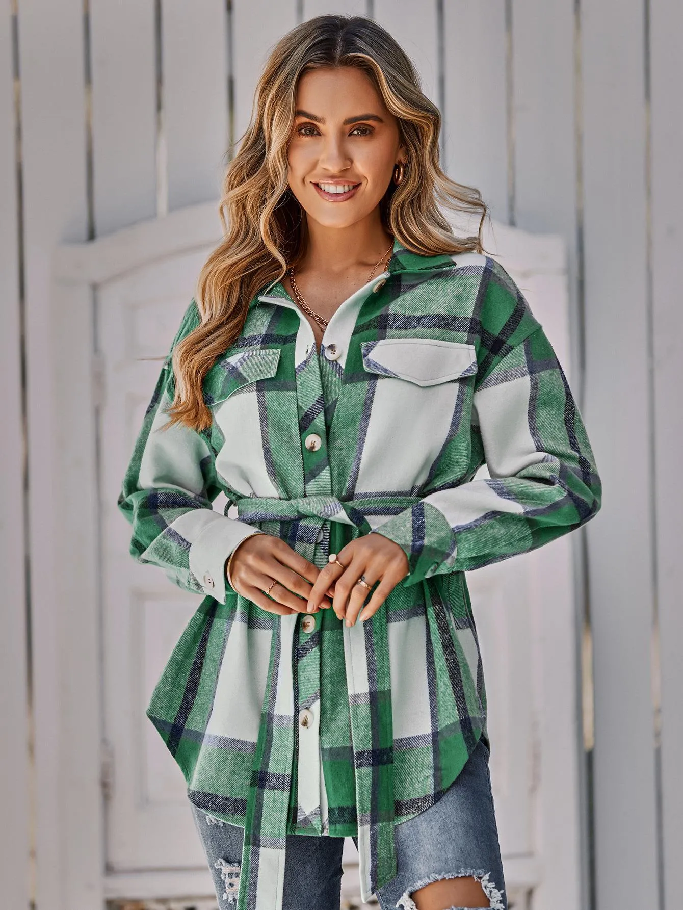 Button Leisure Plaid Ladies Coat