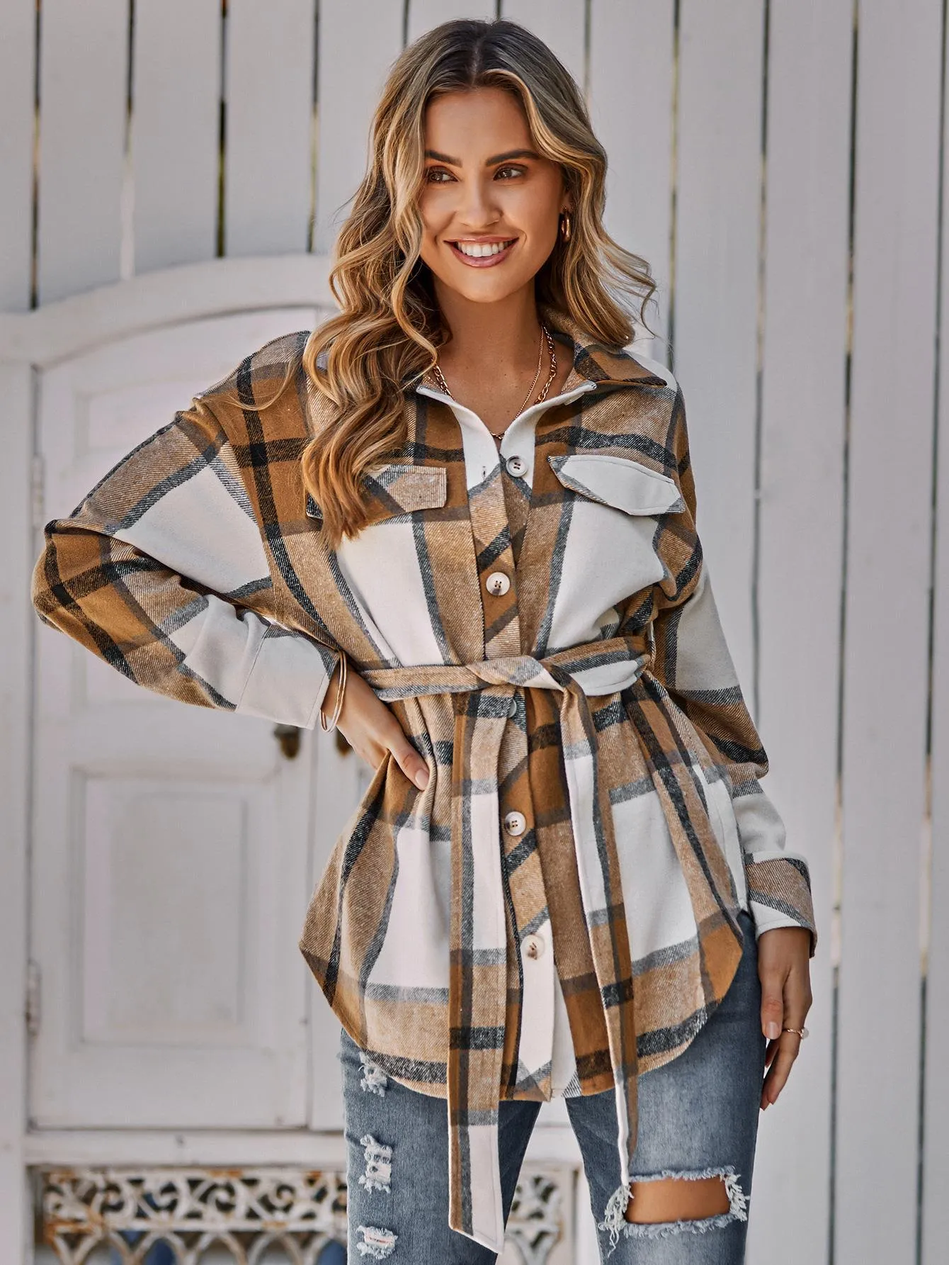 Button Leisure Plaid Ladies Coat