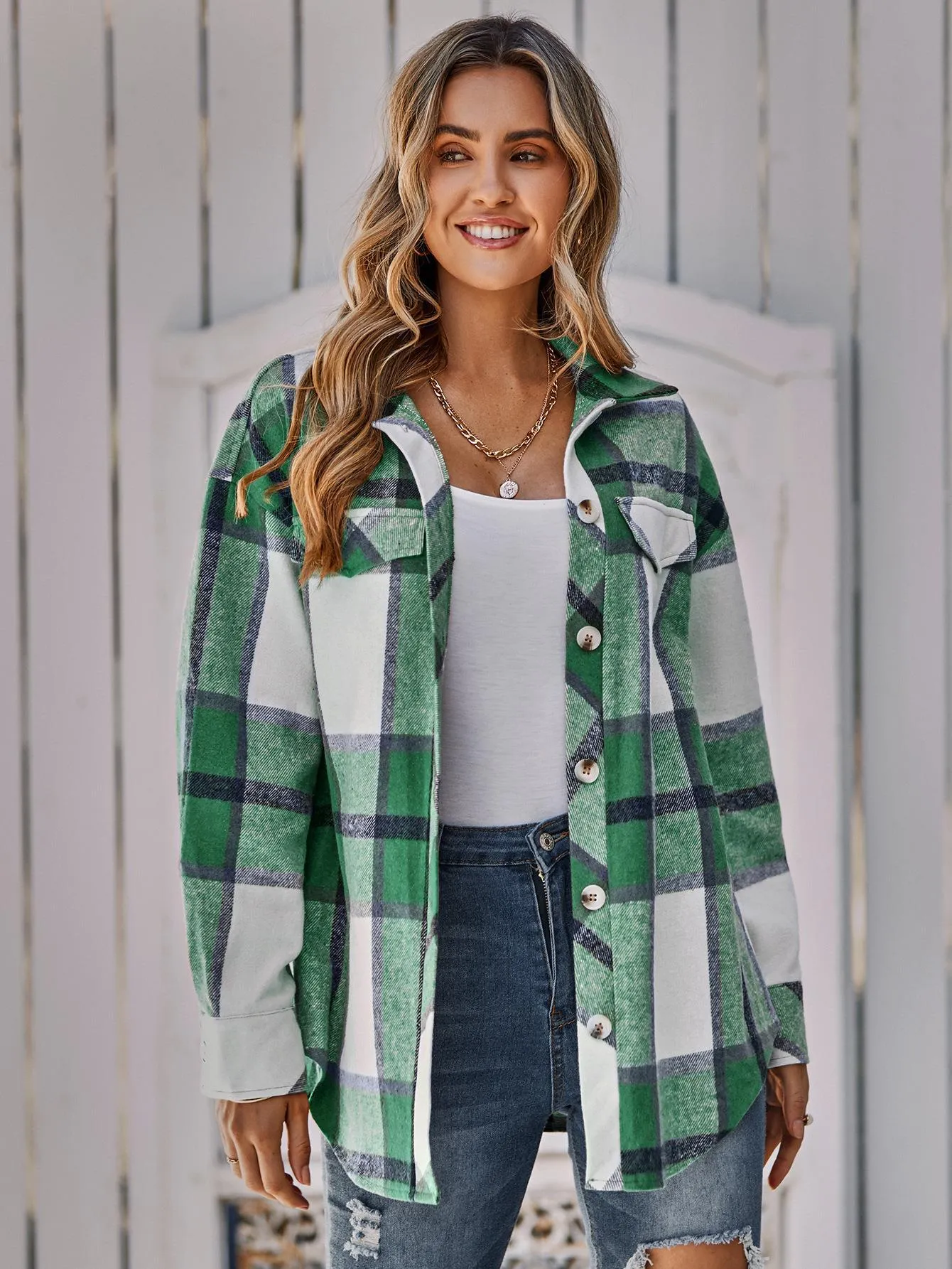 Button Leisure Plaid Ladies Coat