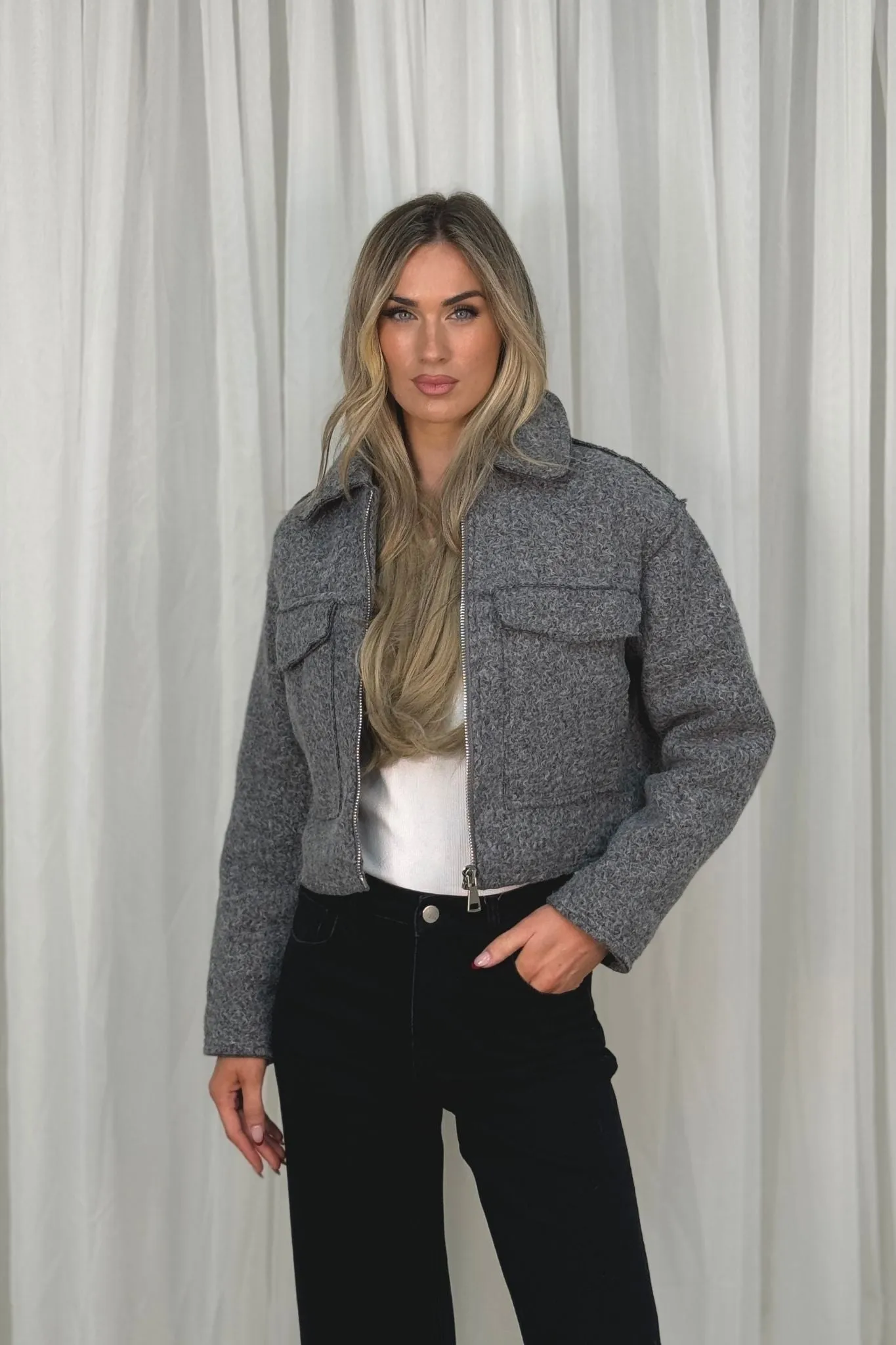 Caitlyn Textured Bomber Jacket In Grey