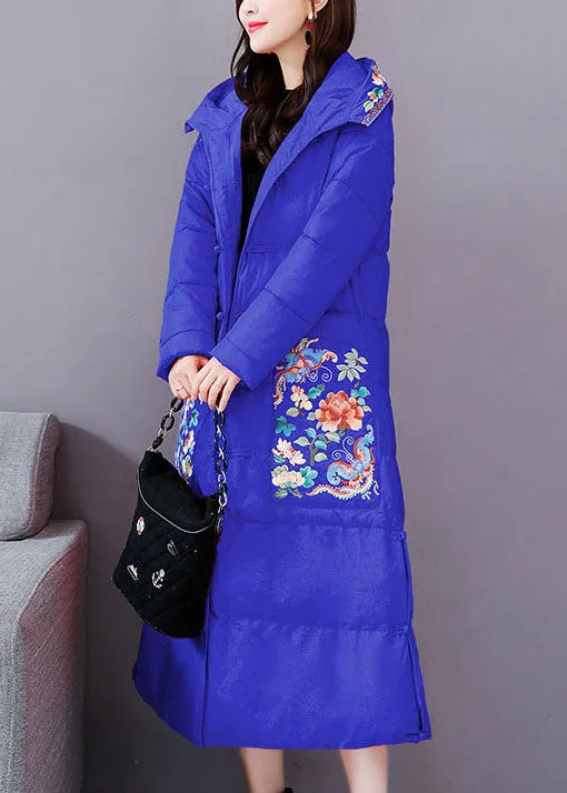 Casual Blue Embroideried hooded Fine Cotton Filled Parkas Winter