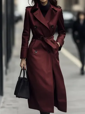 Classic Double-Breasted Belted Trench Coat In Burgundy