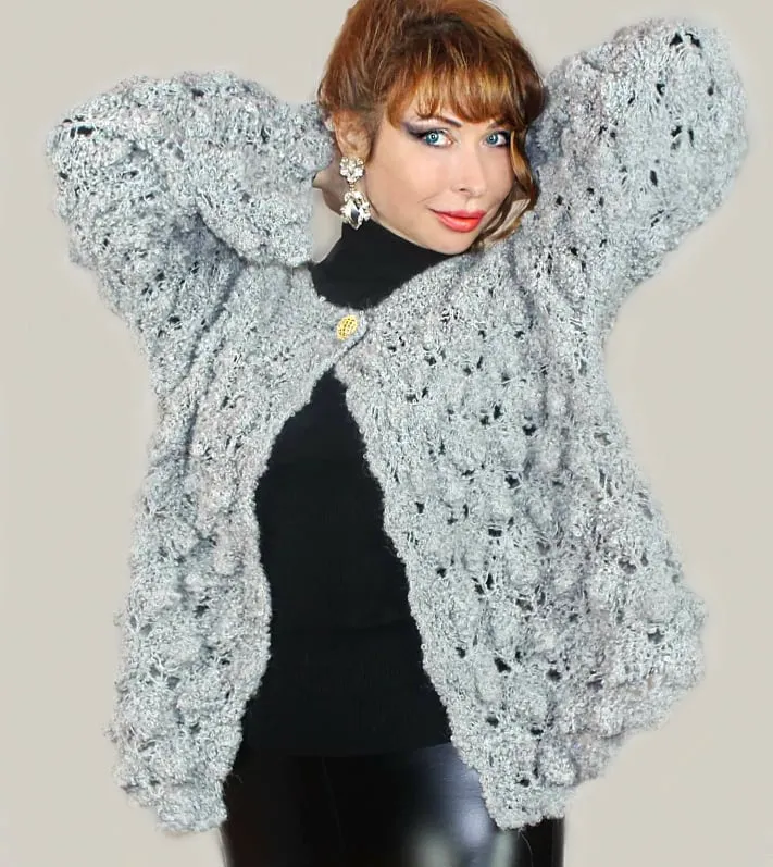 Designer Bouclé Gray Elegant Hand knit women's Alpaca Cardigan