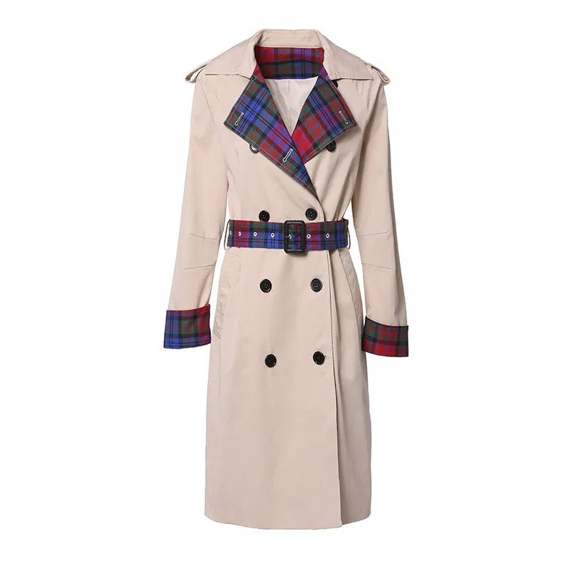 Designer Long Sleeve Plaid Trench Coat