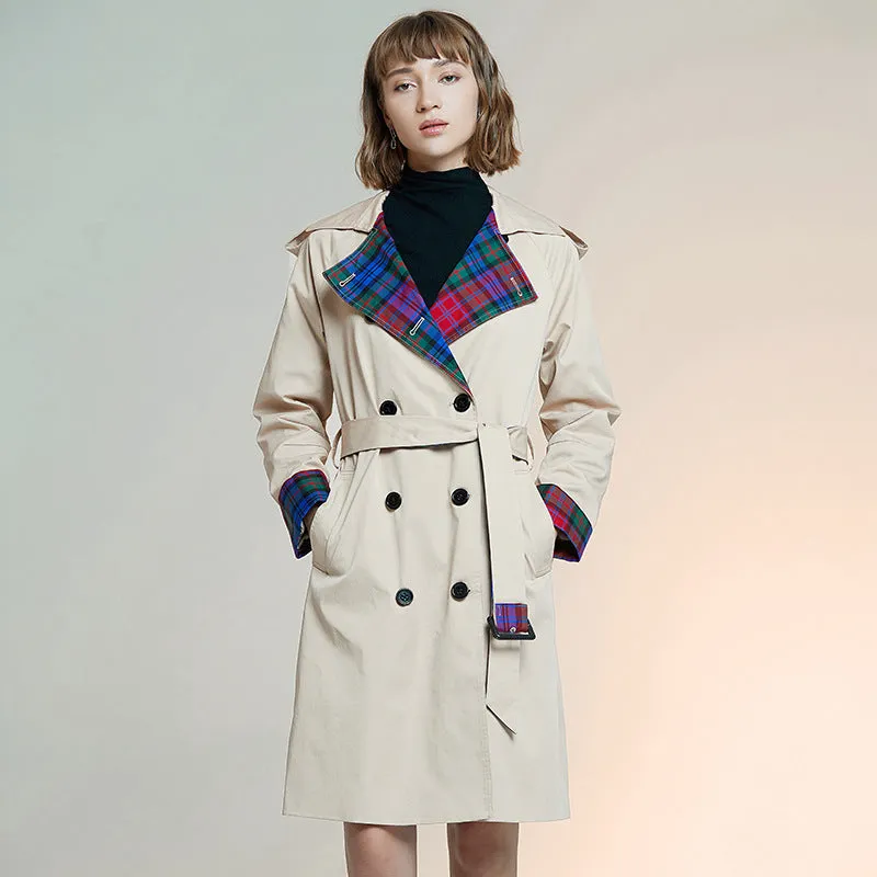 Designer Long Sleeve Plaid Trench Coat