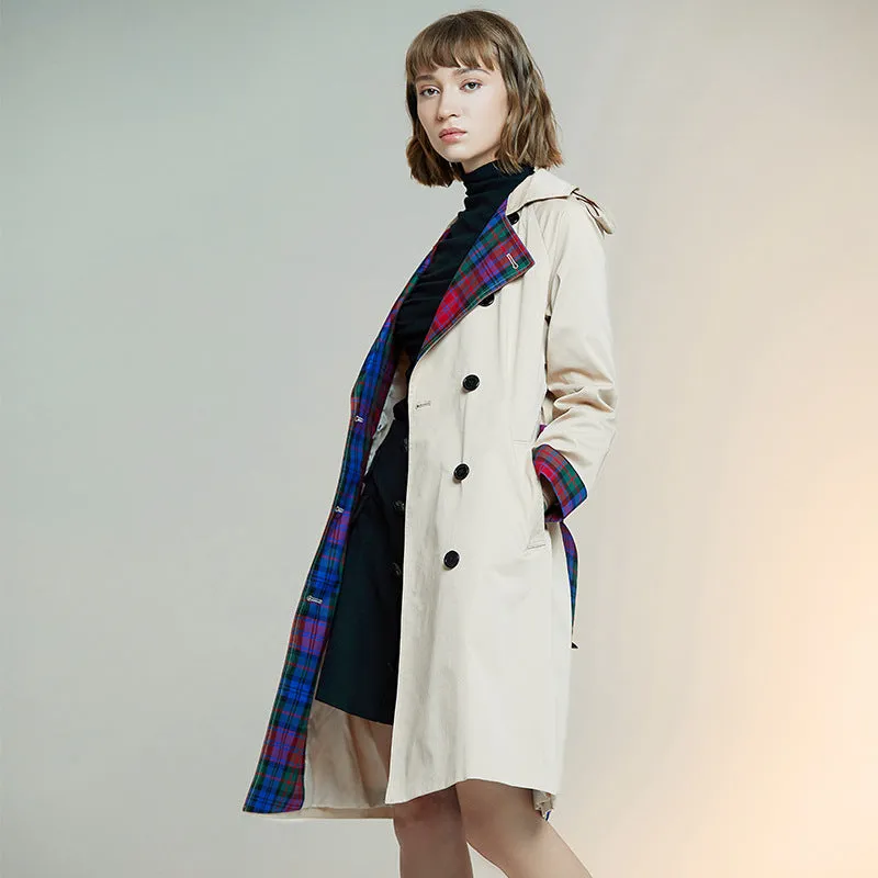 Designer Long Sleeve Plaid Trench Coat