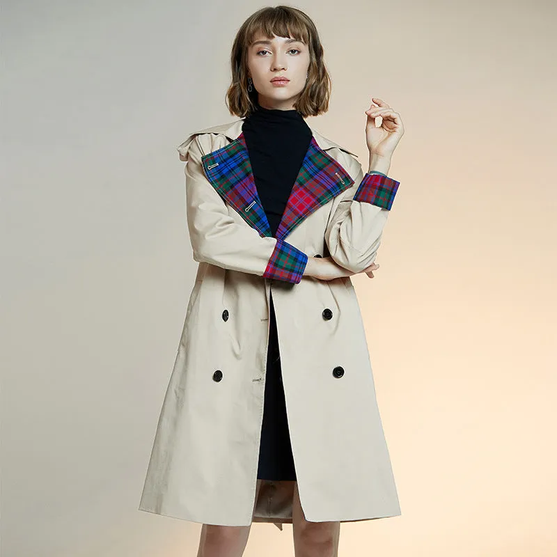 Designer Long Sleeve Plaid Trench Coat