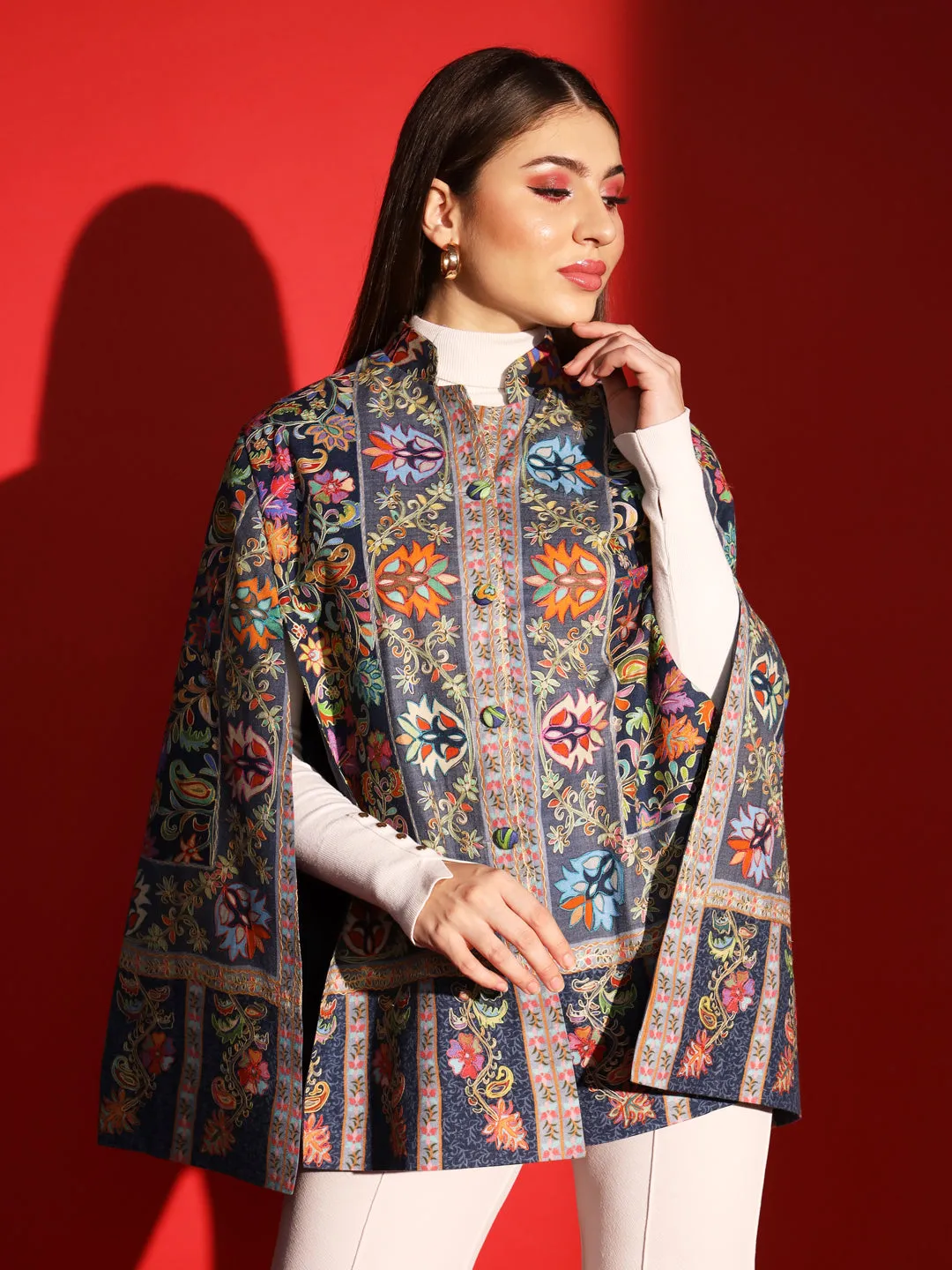 ethnic cape jacket for women with kalamkari embroidery