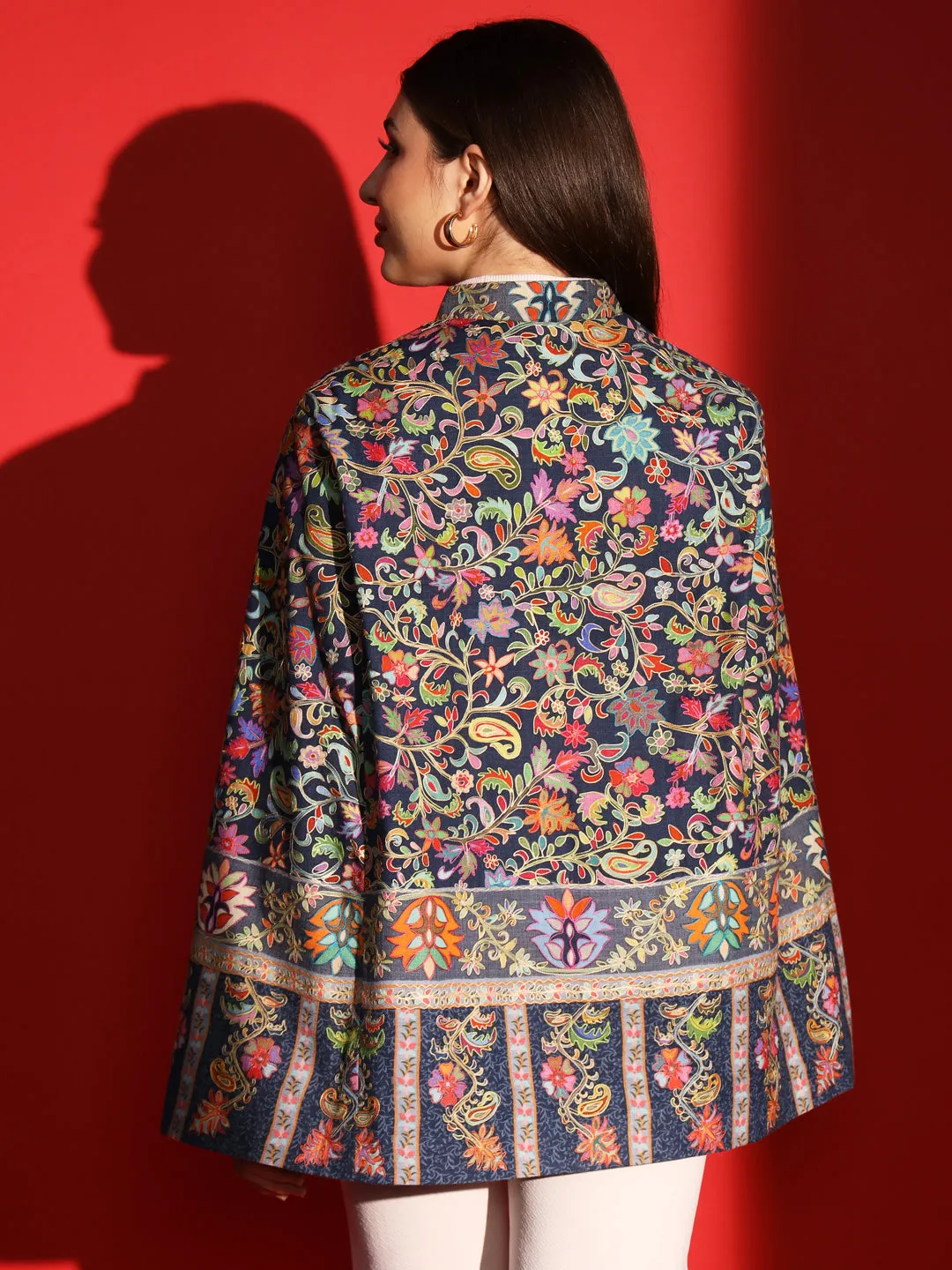 ethnic cape jacket for women with kalamkari embroidery