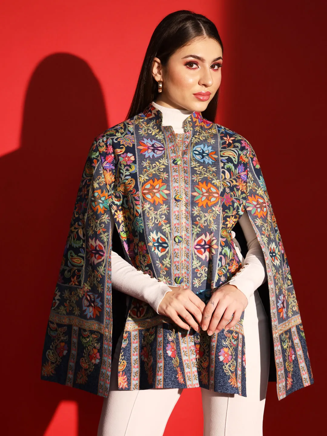 ethnic cape jacket for women with kalamkari embroidery