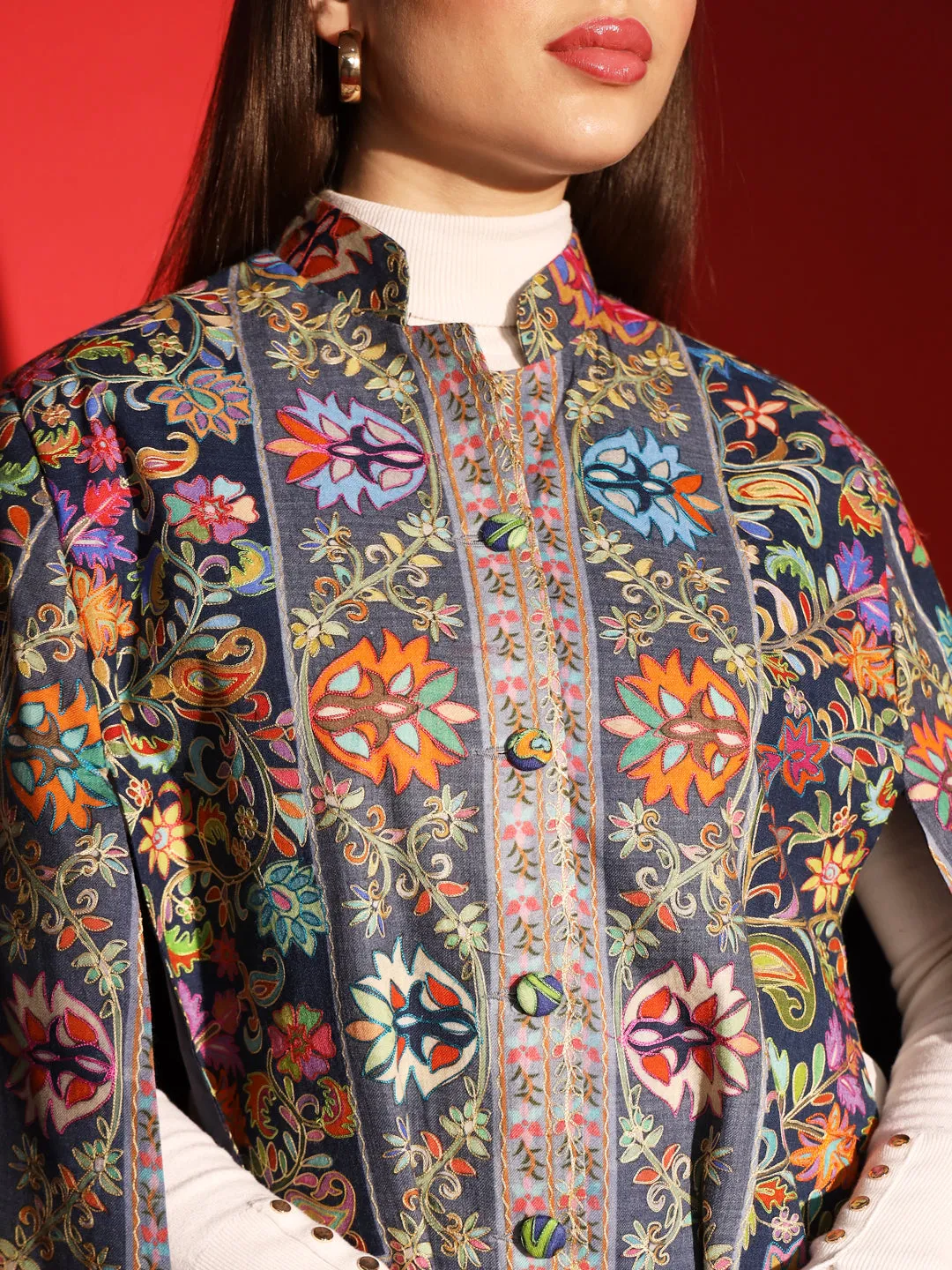 ethnic cape jacket for women with kalamkari embroidery