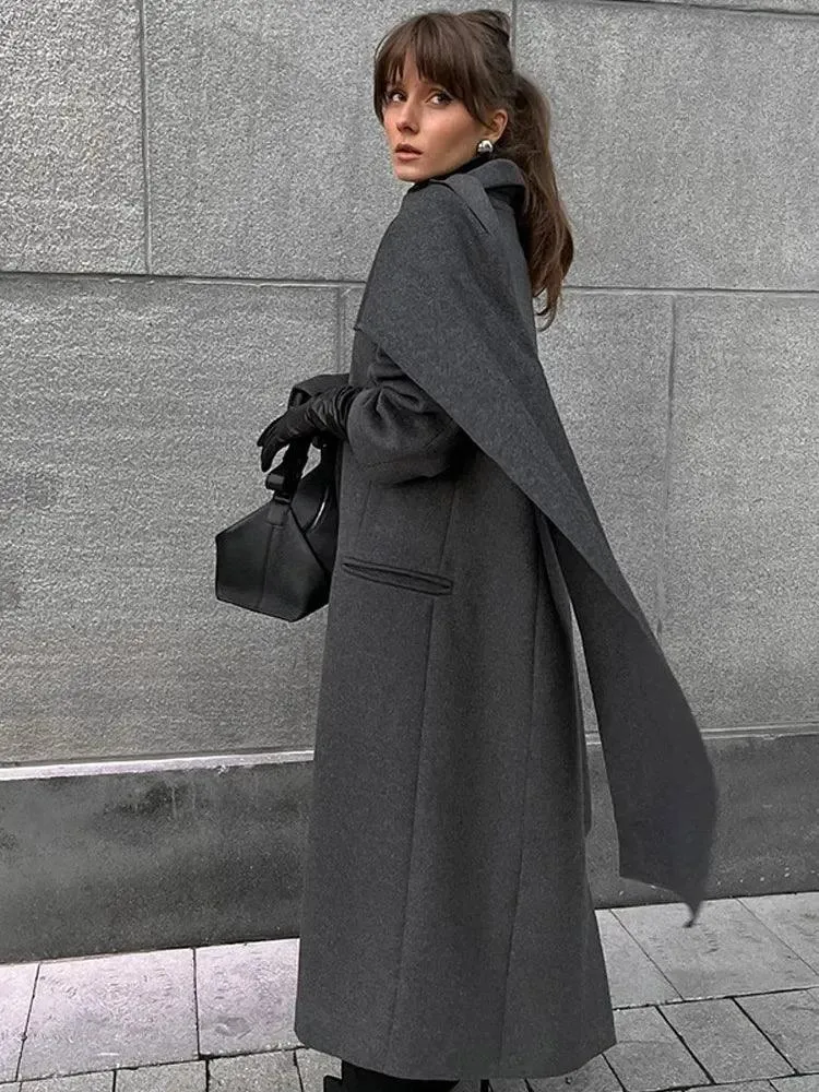 European Style Single-Breasted Wool Coat with Scarf Accent