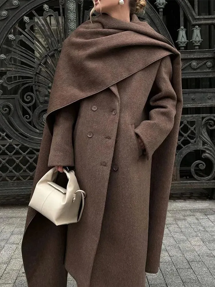 European Style Single-Breasted Wool Coat with Scarf Accent