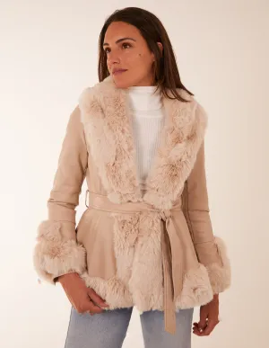 Faux Fur PU Coat With Belt