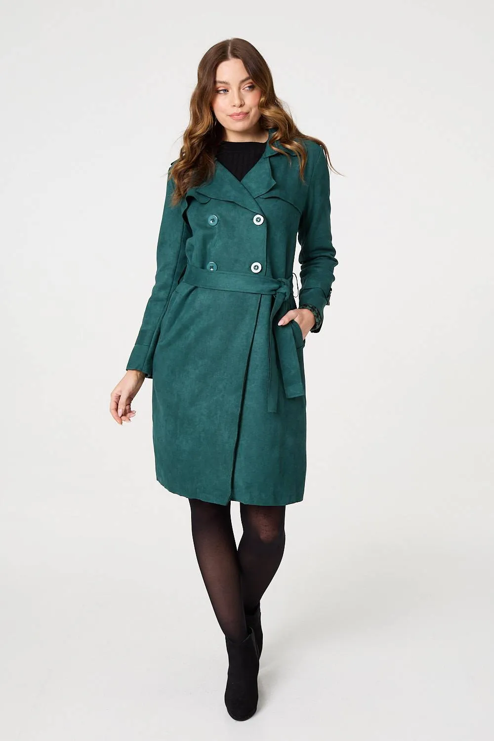 Faux Suede Button Front Trench Coat