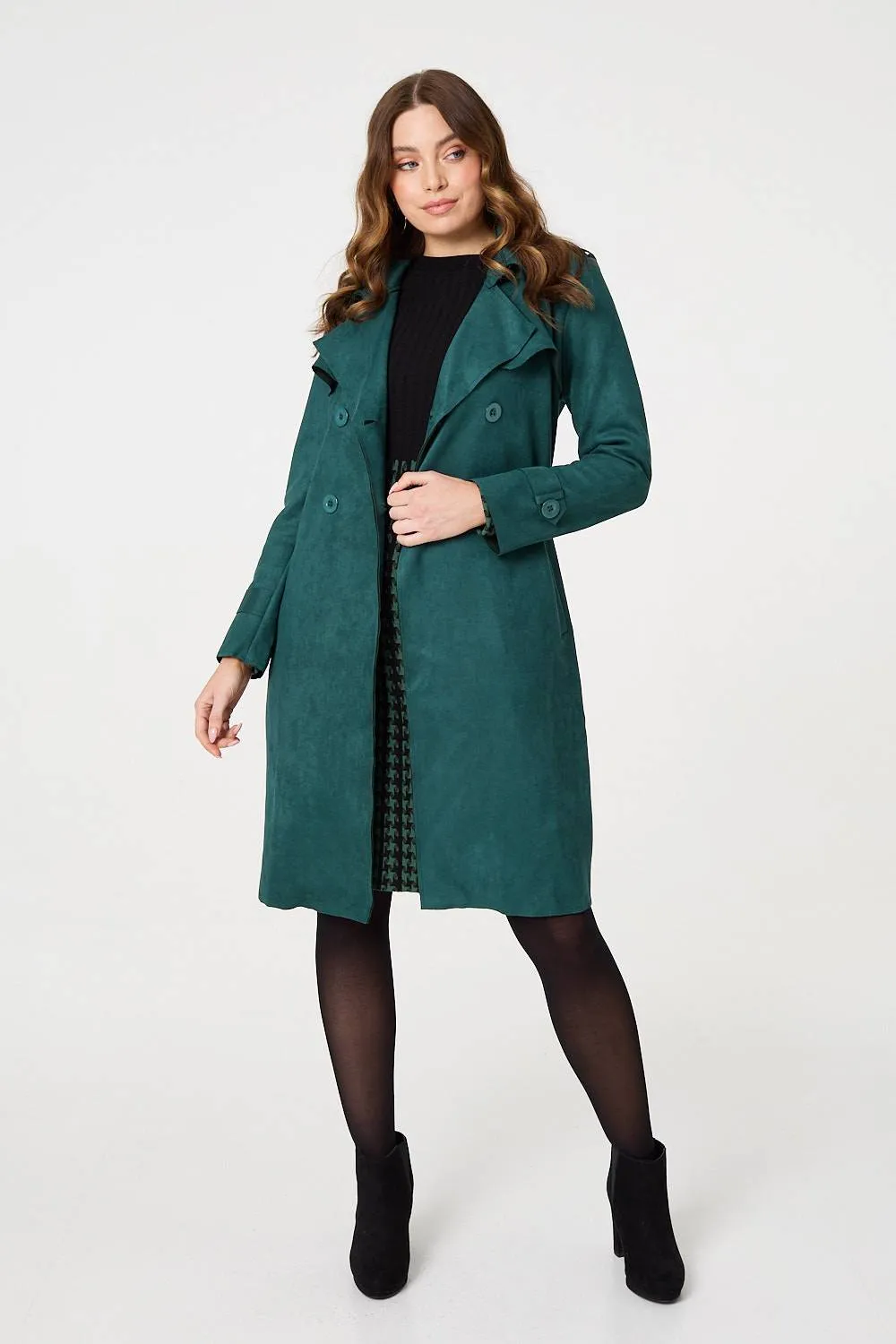 Faux Suede Button Front Trench Coat