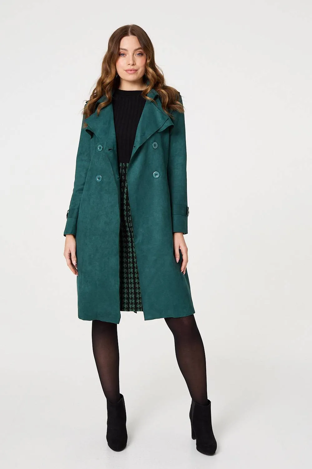 Faux Suede Button Front Trench Coat