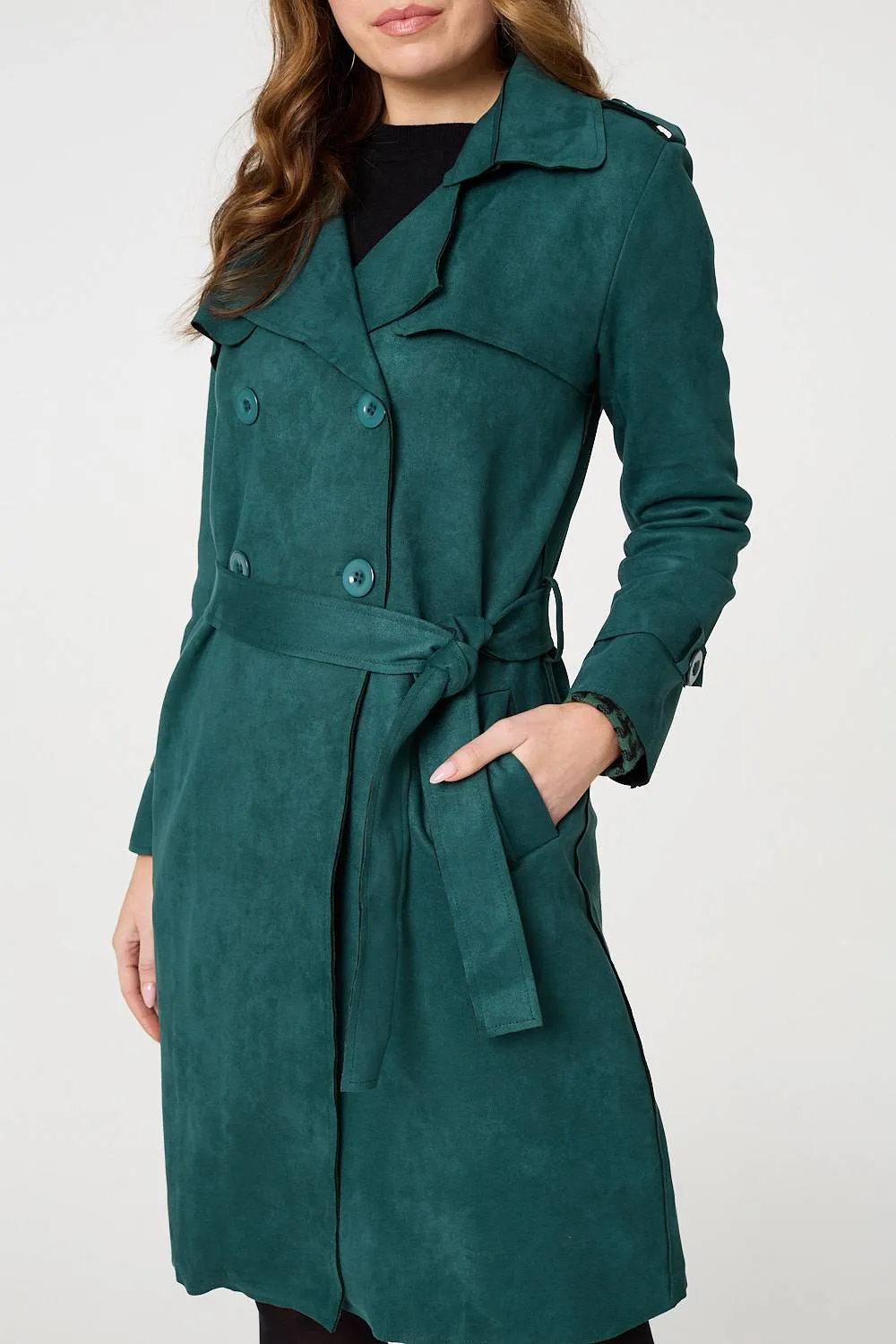 Faux Suede Button Front Trench Coat