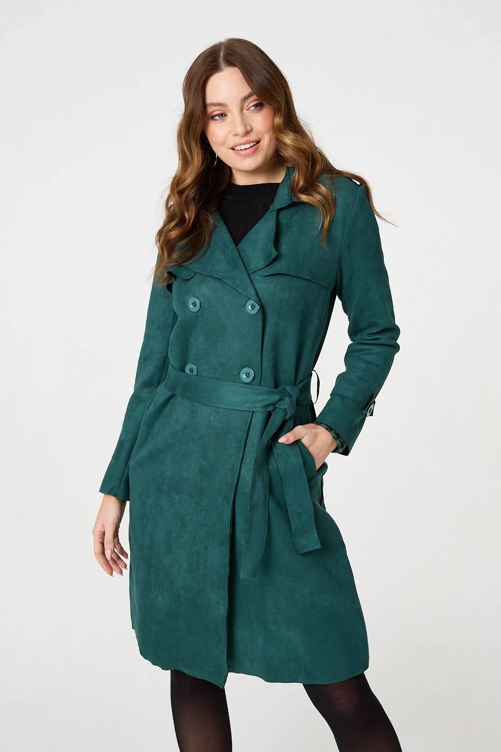 Faux Suede Button Front Trench Coat