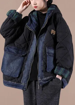 Fine black Parkas for women Loose fitting snow jackets hooded patchwork plaid winter outwear