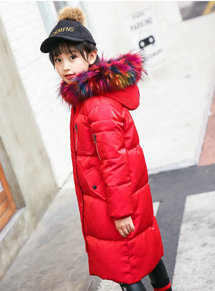 Girl Coat Natural Fur Hooded Outerwear Overcoat