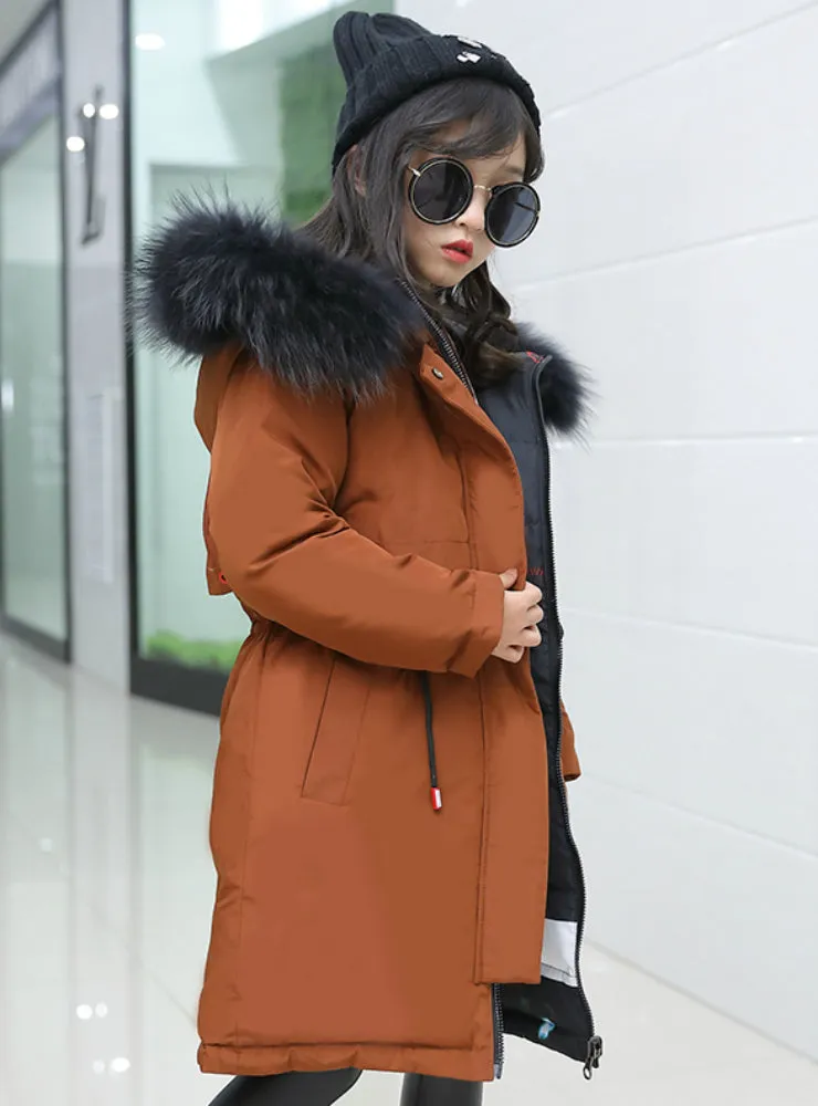 Girl Coat Natural Fur Hooded Outerwear Overcoat