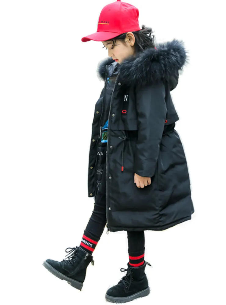 Girl Coat Natural Fur Hooded Outerwear Overcoat