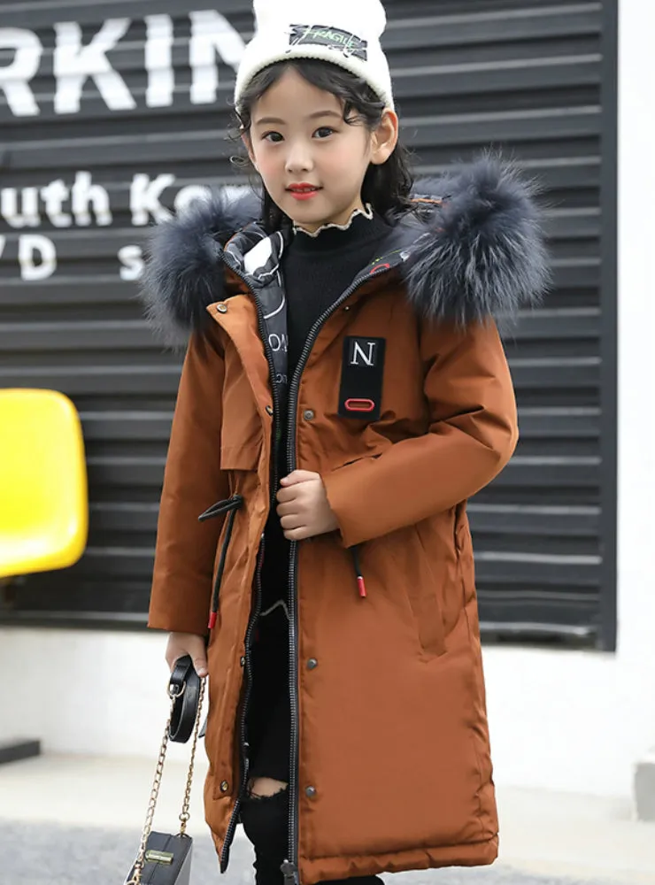 Girl Coat Natural Fur Hooded Outerwear Overcoat